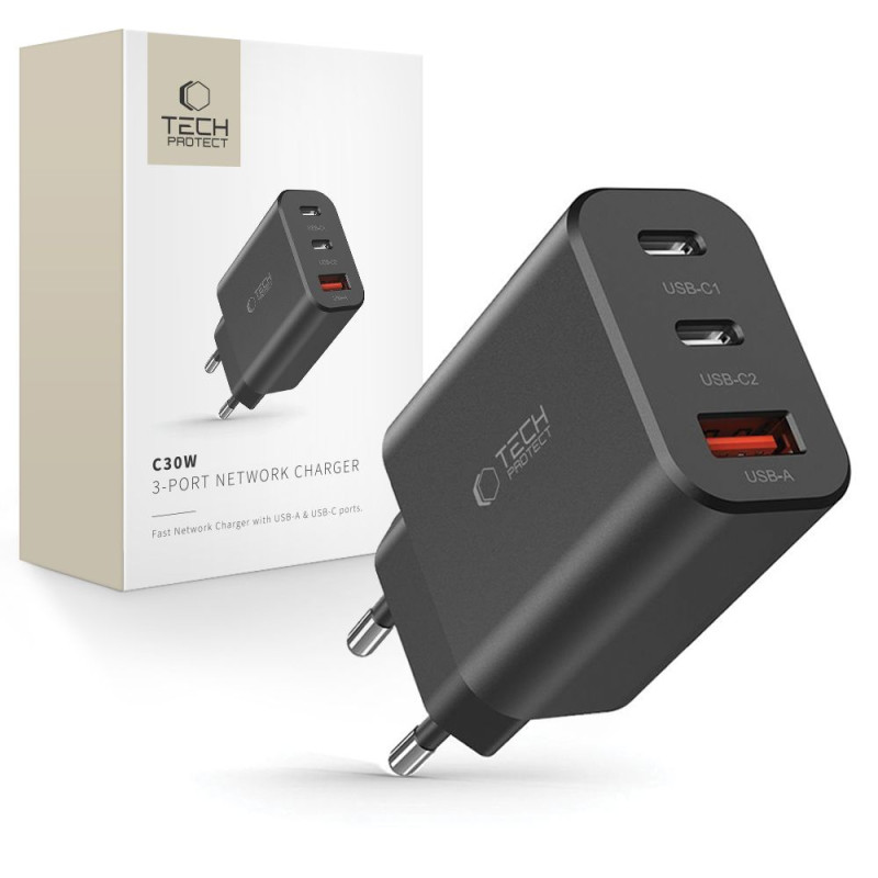 Tech-Protect NC30W tinklo įkroviklis 2x USB-C PD 30W / USB-A QC 3.0 - juodas