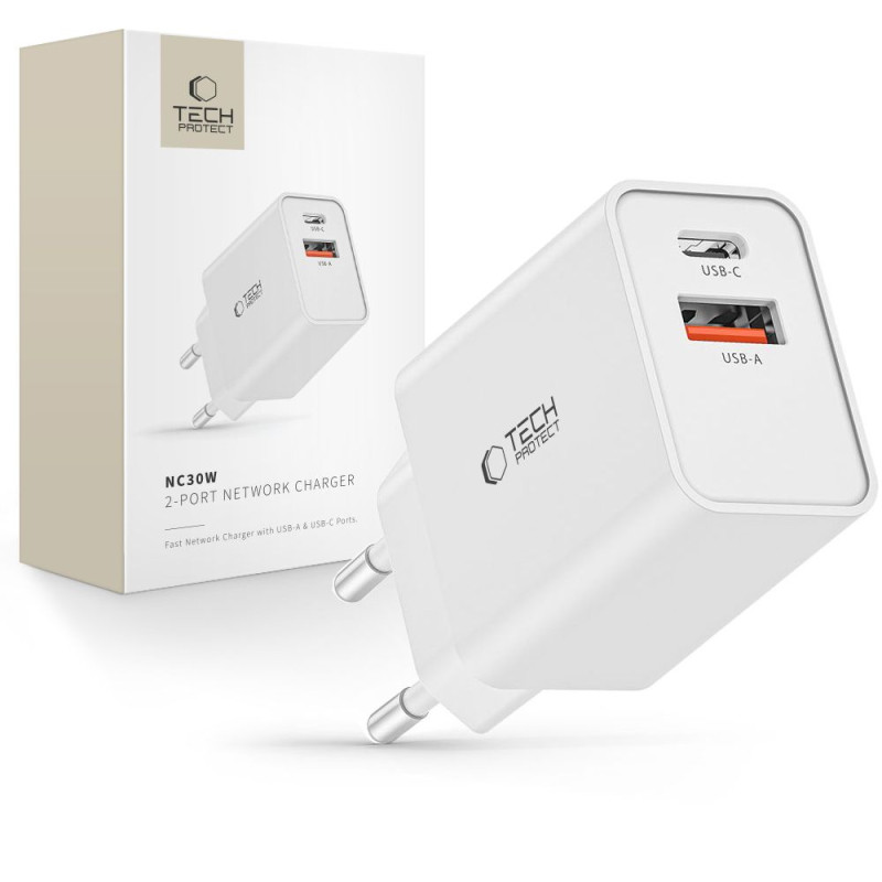 Tech-Protect NC30W USB-C PD 30W / USB-A QC 3.0 tinklo įkroviklis – baltas