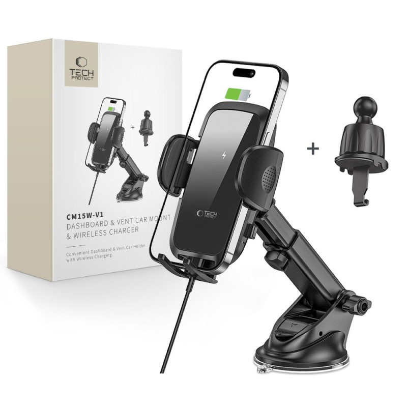 Tech-Protect CM15W-V1 automobilinis telefono laikiklis su 15W indukciniu įkrovikliu kabinai / orlaidei - juodas