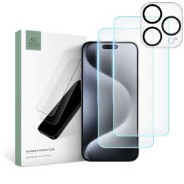 Tech-Protect Supreme rinkinys, skirtas iPhone 15 Pro 2x grūdintas stiklas ekranui / grūdintas stiklas fotoaparatui