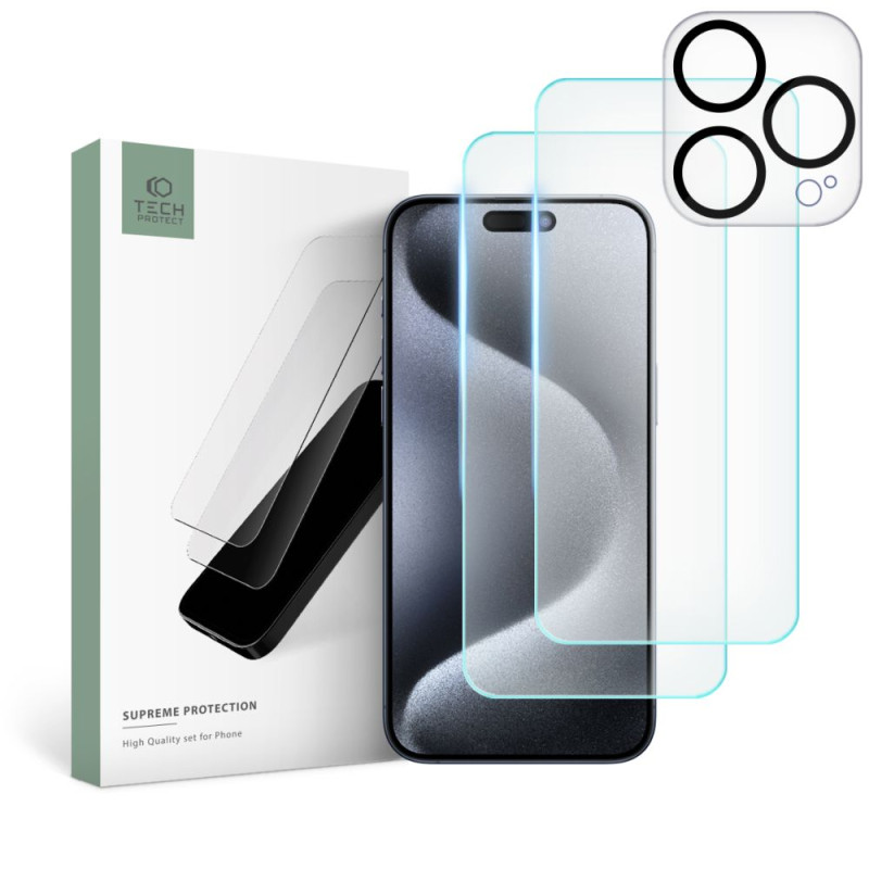 Tech-Protect Supreme rinkinys, skirtas iPhone 15 Pro 2x grūdintas stiklas ekranui / grūdintas stiklas fotoaparatui