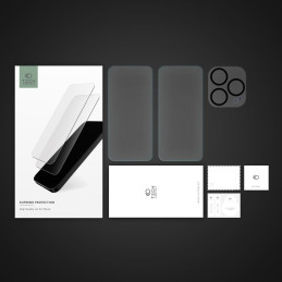 Tech-Protect Supreme rinkinys, skirtas iPhone 15 Pro 2x grūdintas stiklas ekranui / grūdintas stiklas fotoaparatui