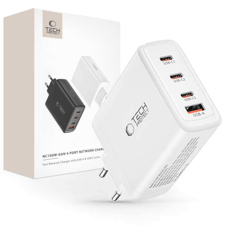 Tech-Protect NC100W-GAN GaN tinklo įkroviklis 3x USB-C PD 100W / USB-A QC 3.0 - baltas