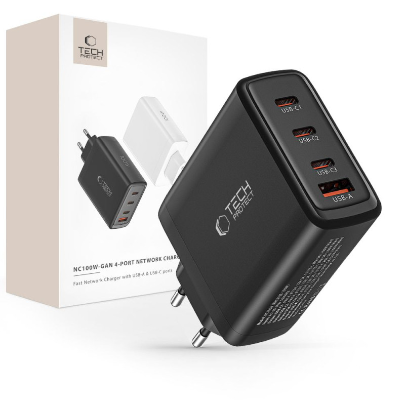 Tech-Protect NC100W-GAN GaN tinklo įkroviklis 3x USB-C PD 100W / USB-A QC 3.0 - juodas