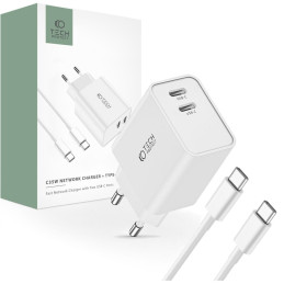 Tech-Protect C35W 2x USB-C PD 35W tinklo įkroviklis su USB-C / USB-C laidu - baltas