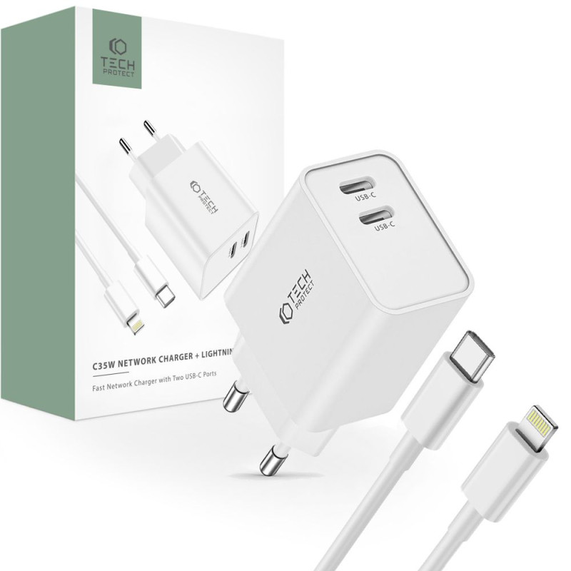 Tech-Protect C35W 2x USB-C PD 35W tinklo įkroviklis su USB-C / Lightning laidu - baltas