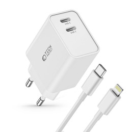 Tech-Protect C35W 2x USB-C PD 35W tinklo įkroviklis su USB-C / Lightning laidu - baltas