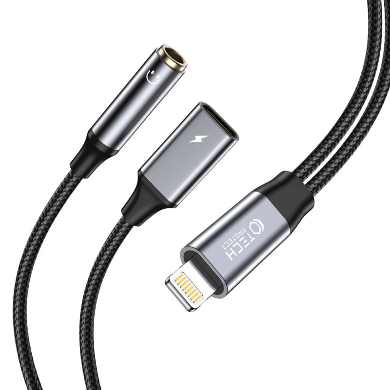 Tech-Protect UltraBoost Lightning (vyriškas) / 3,5 mm mini lizdas (moteris) - Lightning (moteriškas) laidas - juodas
