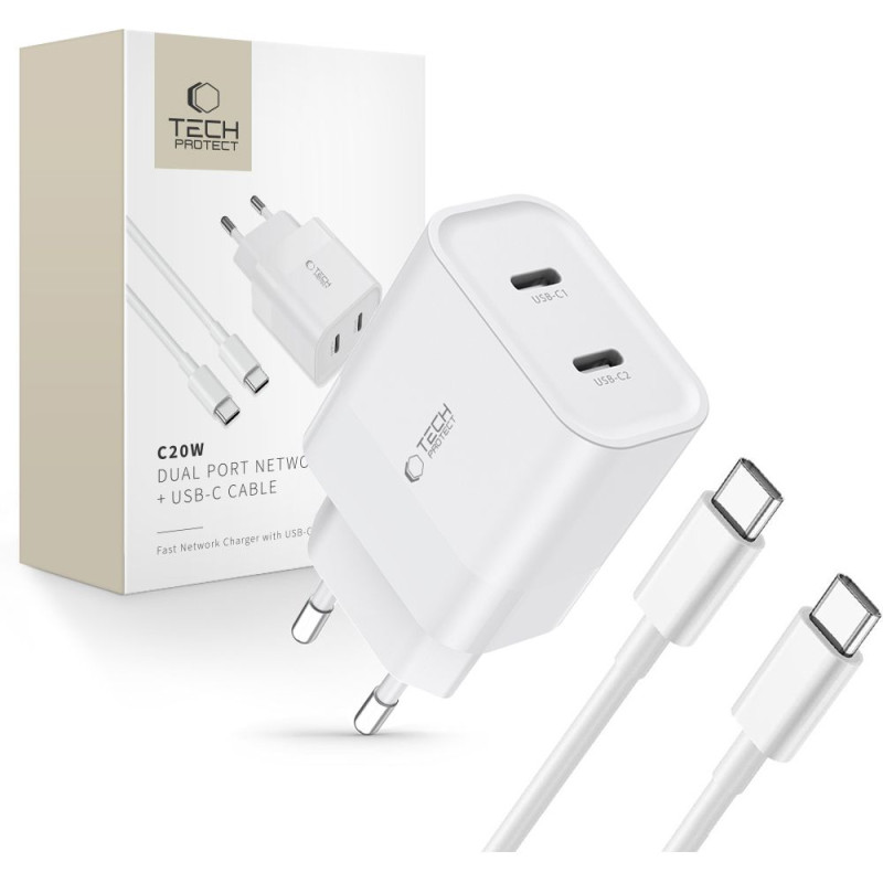 Tech-Protect C20W 2x USB-C PD 20W tinklo įkroviklis su USB-C / USB-C laidu - baltas