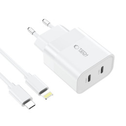 Tech-Protect C20W 2x USB-C PD 20W tinklo įkroviklis su Lightning / USB-C laidu - baltas