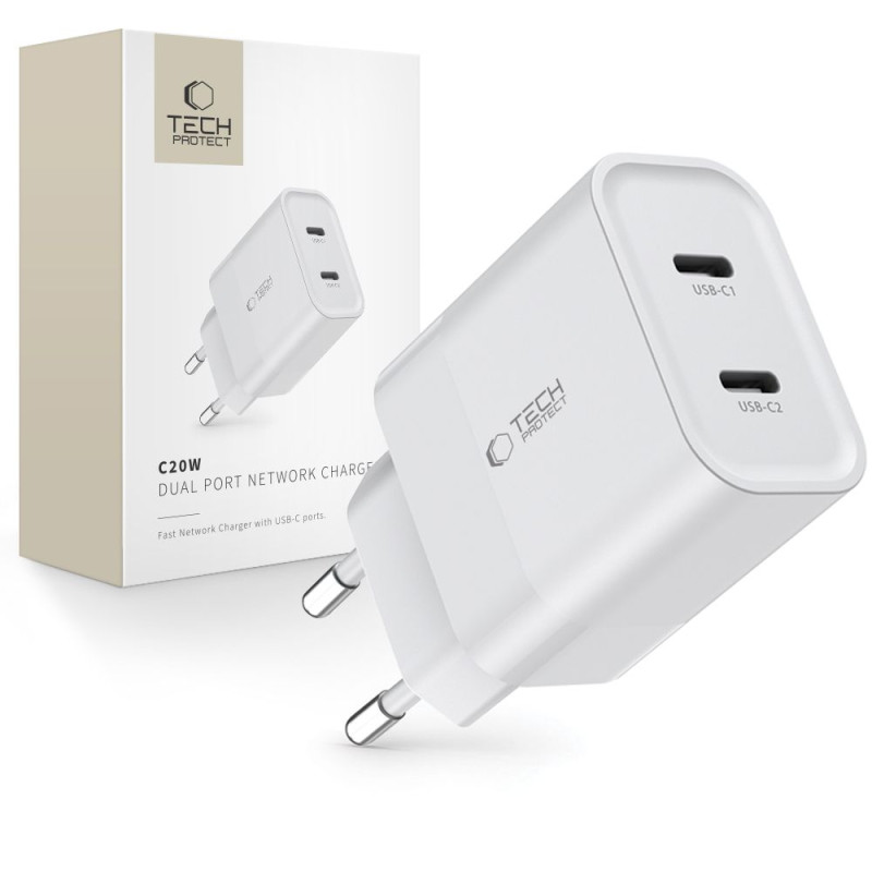 Tech-Protect C20W tinklo įkroviklis 2x USB-C PD 20W - baltas