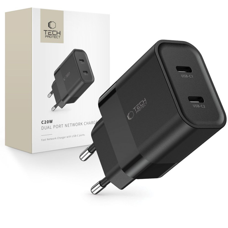 Tech-Protect C20W tinklo įkroviklis 2x USB-C PD 20W - juodas