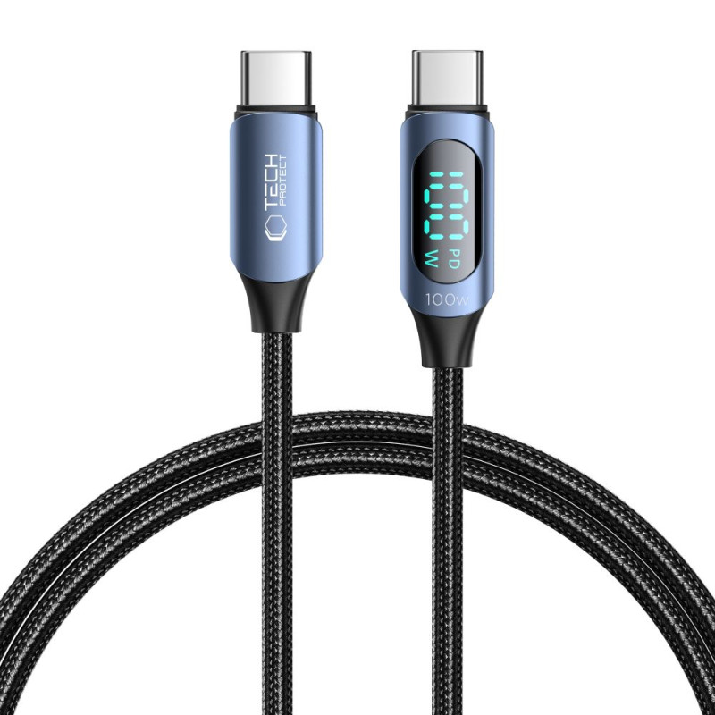 Tech-Protect UltraBoost kabelis su LED ekranu USB-C / USB-C PD 100W 5A 1m - mėlynas