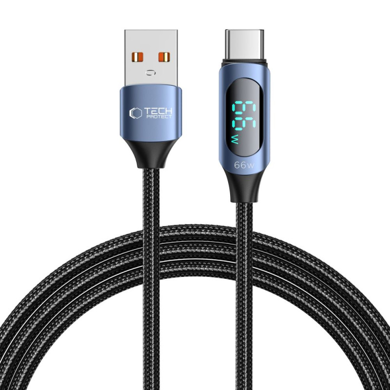Tech-Protect UltraBoost kabelis su LED ekranu USB-C / USB-A 66W 6A 2m - mėlynas