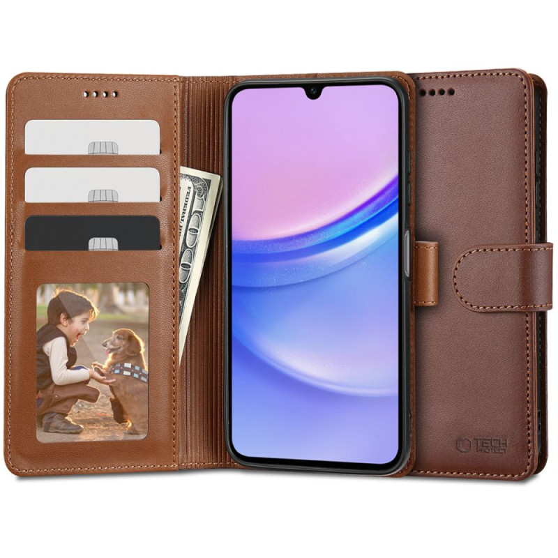 Tech-Protect Wallet dėklas, skirtas Samsung Galaxy A15 4G / 5G - rudas