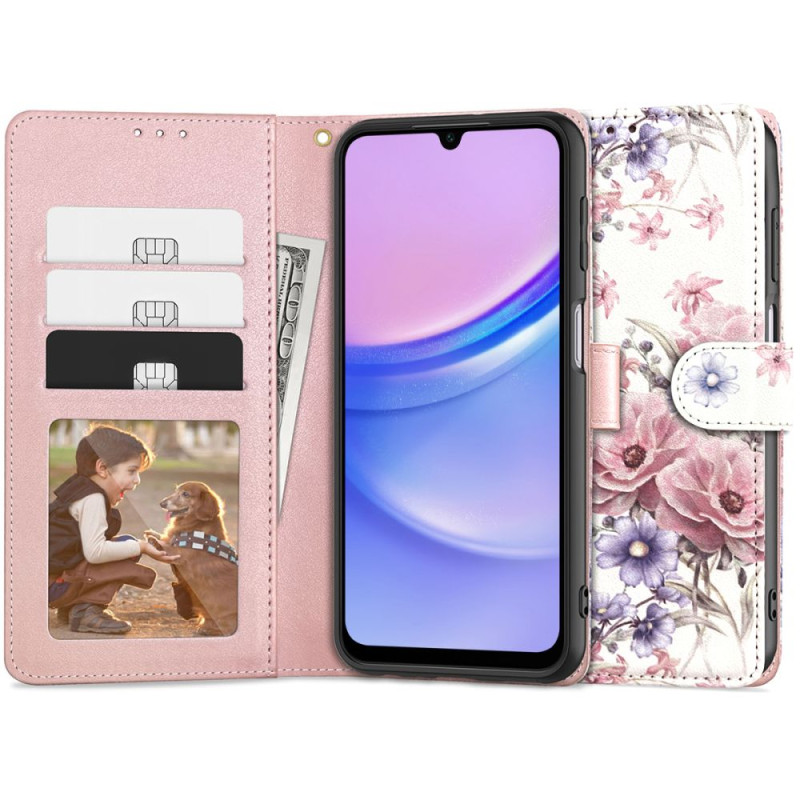 Tech-Protect Wallet dėklas, skirtas Samsung Galaxy A15 4G / 5G - rožinės gėlės