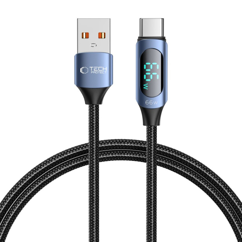 Tech-Protect UltraBoost kabelis su LED ekranu USB-C / USB-A 66W 6A 1m - mėlynas
