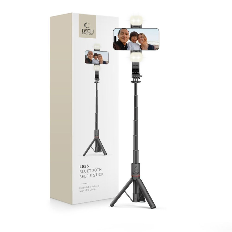 Tech-Protect L05S Bluetooth asmenukių lazda su trikoju iki 105 cm su LED lempute - juoda