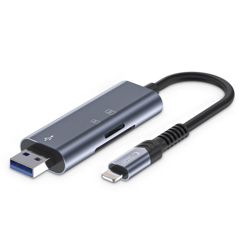 Tech-Protect UltraBoost SD / micro SD kortelių skaitytuvas su Lightning / USB-A jungtimi - pilka