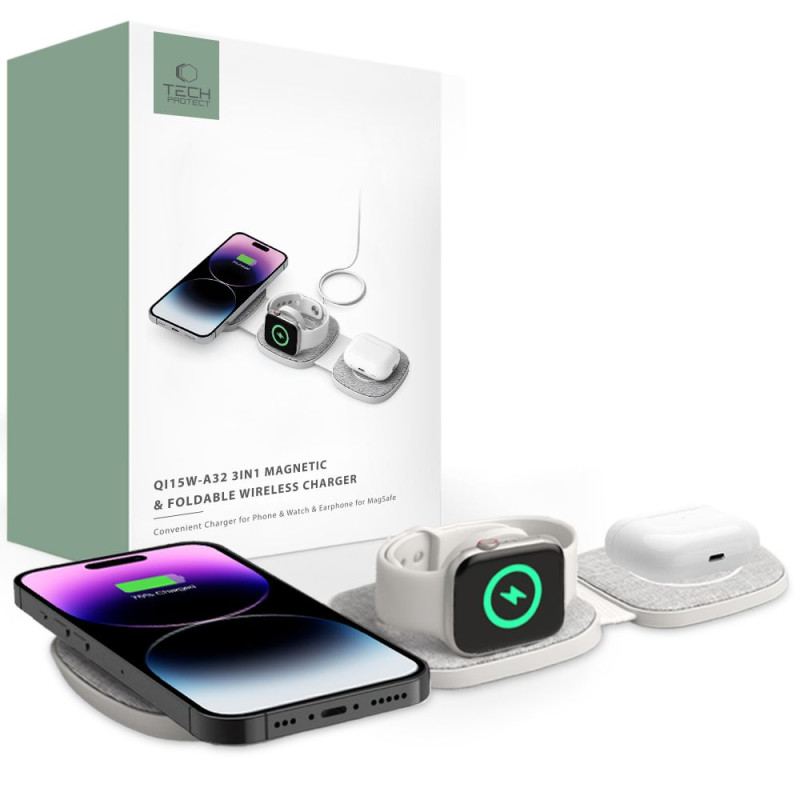 Tech-Protect QI15W-A32 3in1 indukcinis įkroviklis su MagSafe išmaniajam telefonui / Apple Watch / AirPods - pilka