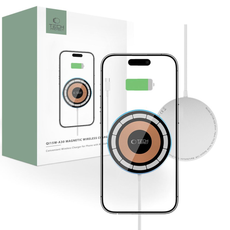 Tech-Protect QI15W-A30 indukcinis įkroviklis su MagSafe su USB-C laidu – sidabrinis
