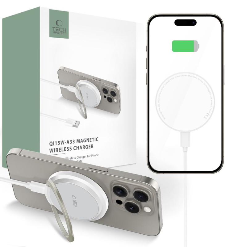 Tech-Protect QI15W-A33 indukcinis įkroviklis su MagSafe ir stovu su USB-A / USB-C laidu - baltas