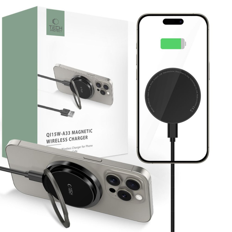 Tech-Protect QI15W-A33 indukcinis įkroviklis su MagSafe ir stovu su USB-A / USB-C laidu - juodas