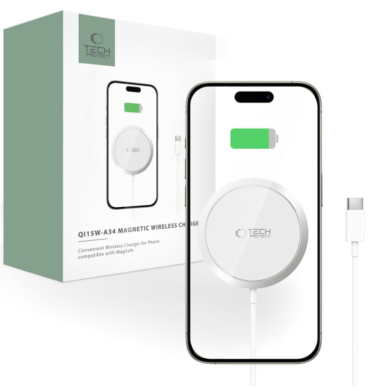 Tech-Protect QI15W-A34 indukcinis įkroviklis su MagSafe su USB-C laidu - baltas