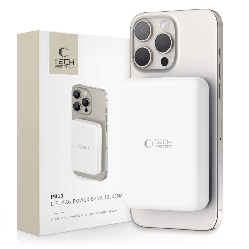 Tech-Protect LifeMag PB11 maitinimo blokas su MagSafe 10000mAh 15W USB-C prievadu - baltas + USB-C laidas