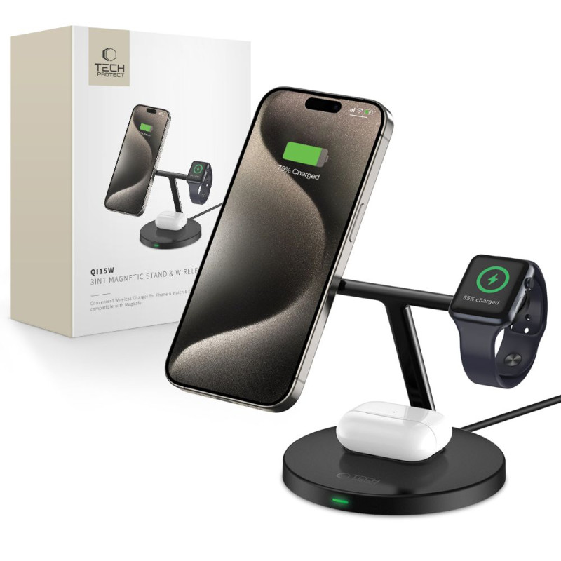 Tech-Protect QI15W-A35 3in1 indukcinis įkroviklis su MagSafe telefonui / AirPods / Apple Watch - juodas