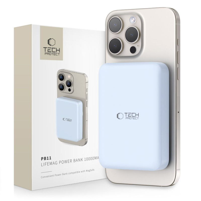 Tech-Protect LifeMag PB11 Powerbank su MagSafe 10000mAh 15W USB-C prievadu - mėlynas + USB-C laidas
