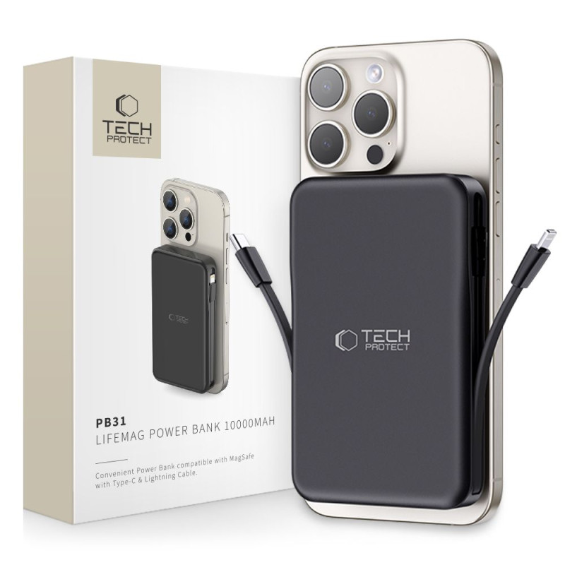 Tech-Protect LifeMag PB31 Powerbank su MagSafe 10000mAh 15W USB-C / USB-A / įmontuotais USB-C / Lightning laidais - juod...