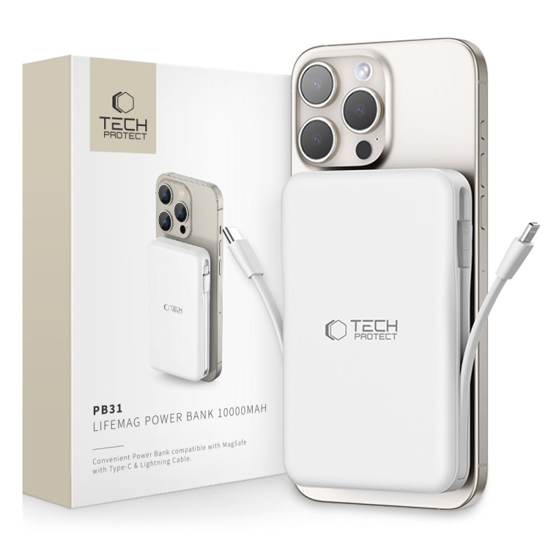 Tech-Protect LifeMag PB31 Powerbank su MagSafe 10000mAh 15W USB-C / USB-A / įtaisytuoju USB-C / Lightning laidais - balt...