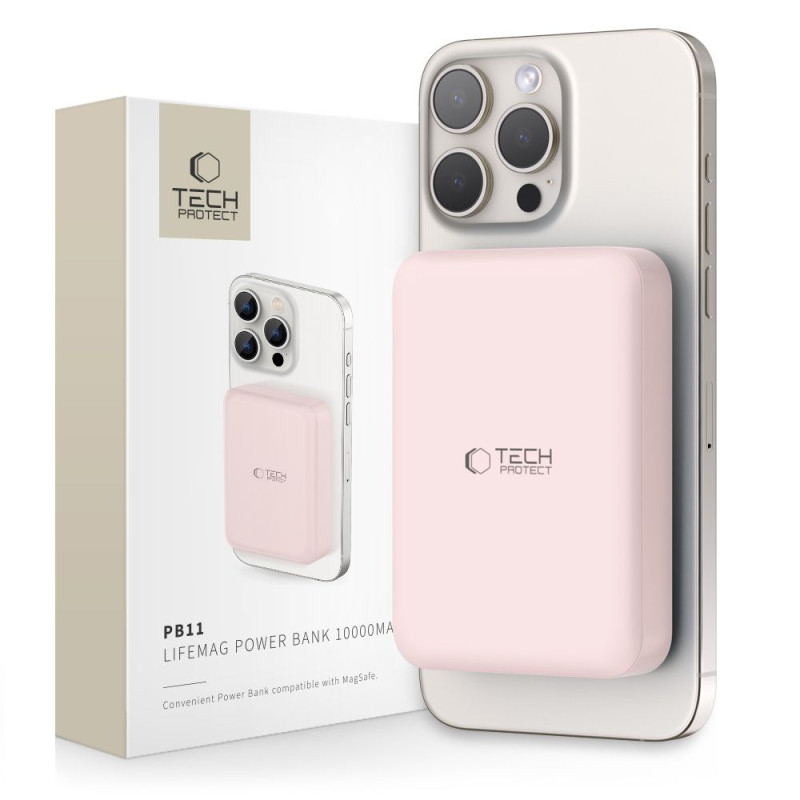 Tech-Protect LifeMag PB11 Powerbank su MagSafe 10000mAh 15W USB-C prievadu – rožinis + USB-C laidas