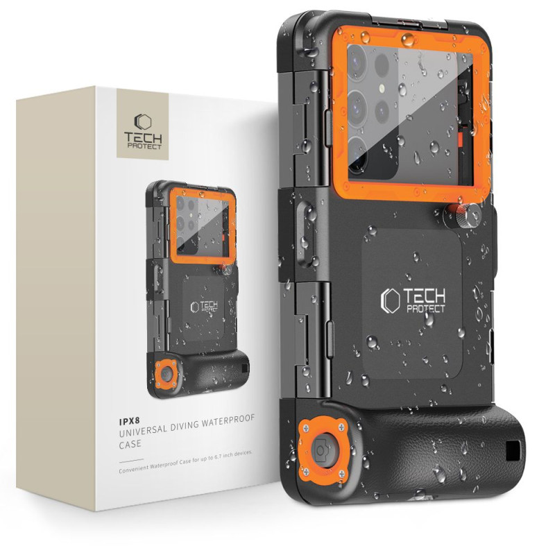 Tech-Protect Waterproof Case, vandeniui atsparus IPX8, skirtas išmaniesiems telefonams 4,7-6,7" - juoda ir oranžinė