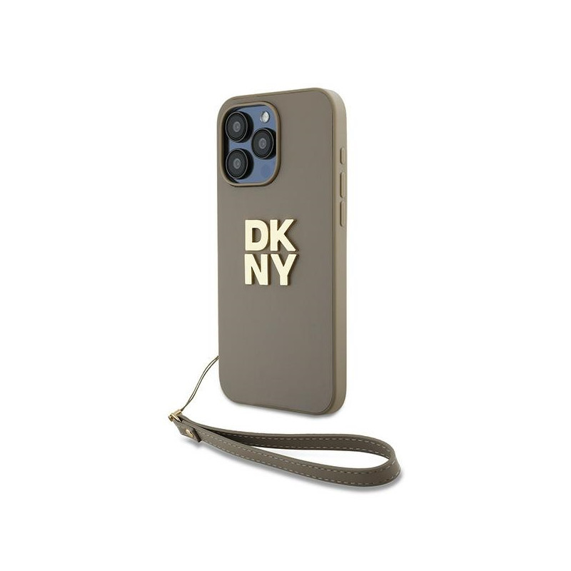 DKNY Wrist Strap Stock Logo dėklas, skirtas iPhone 15 Pro - smėlio spalvos