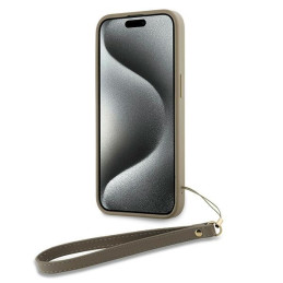DKNY Wrist Strap Stock Logo dėklas, skirtas iPhone 15 Pro - smėlio spalvos