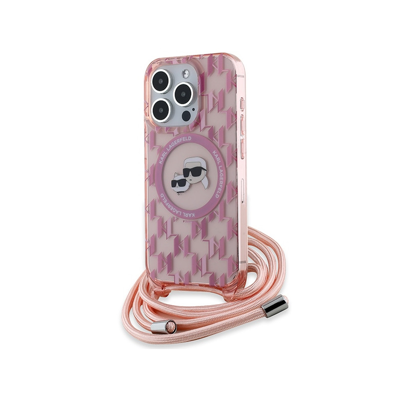 Karl Lagerfeld IML Crossbody Monogram Karl & Choupette Head MagSafe dėklas iPhone 15 Pro - rožinis