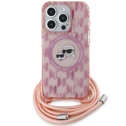 Karl Lagerfeld IML Crossbody Monogram Karl & Choupette Head MagSafe dėklas iPhone 15 Pro - rožinis