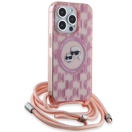 Karl Lagerfeld IML Crossbody Monogram Karl & Choupette Head MagSafe dėklas iPhone 15 Pro - rožinis