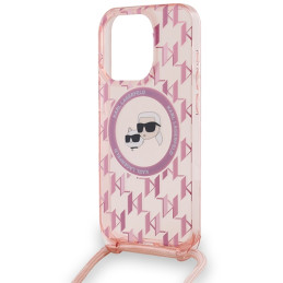 Karl Lagerfeld IML Crossbody Monogram Karl & Choupette Head MagSafe dėklas iPhone 15 Pro - rožinis