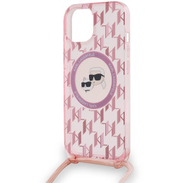 Karl Lagerfeld IML Crossbody Monogram Karl & Choupette Head MagSafe dėklas iPhone 15 / 14 / 13 - rožinis