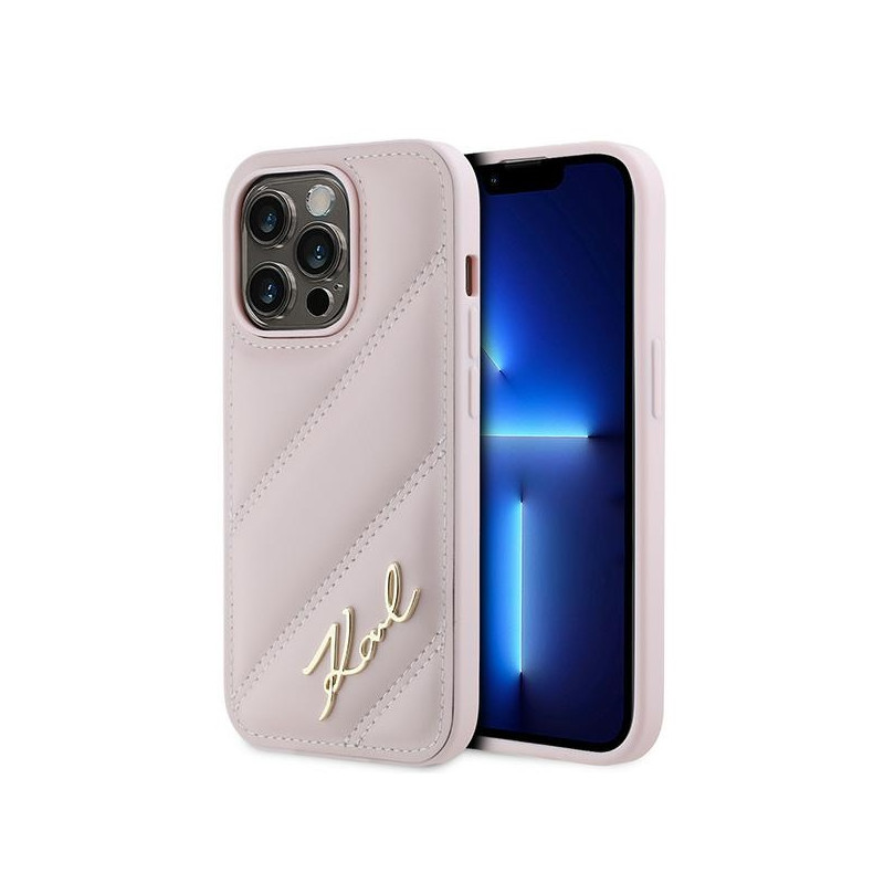 Karl Lagerfeld Diagonal Quilted Script dėklas, skirtas iPhone 14 Pro Max – rožinis