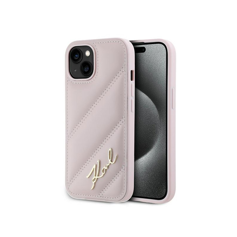 Karl Lagerfeld Diagonal Quilted Script dėklas, skirtas iPhone 15 Plus / 14 Plus - rožinis