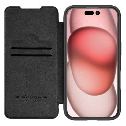 Nillkin Qin Prop odinis dėklas su fotoaparato dangteliu ir stovu iPhone 16 Pro – juodas