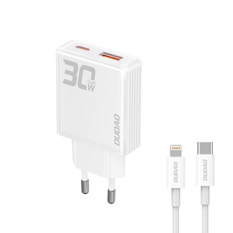 Dudao A30EUL 30W GaN sieninis įkroviklis USB-A / USB-C + USB-C - Lightning kabelis - baltas