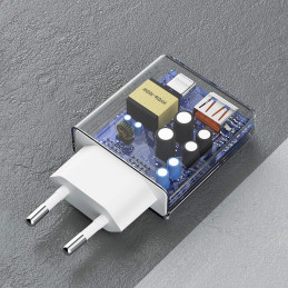 Dudao A30EUL 30W GaN sieninis įkroviklis USB-A / USB-C + USB-C - Lightning kabelis - baltas