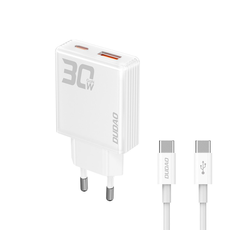Dudao A30EUT 30W GaN sieninis įkroviklis USB-A / USB-C + USB-C - USB-C laidas - baltas