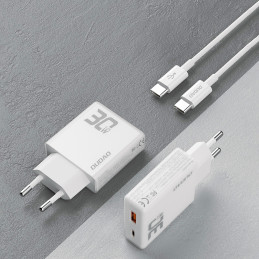 Dudao A30EUT 30W GaN sieninis įkroviklis USB-A / USB-C + USB-C - USB-C laidas - baltas