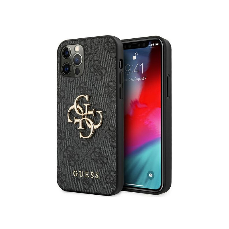 Guess 4G Big Metal Logo dėklas, skirtas iPhone 12 / iPhone 12 Pro - pilkas